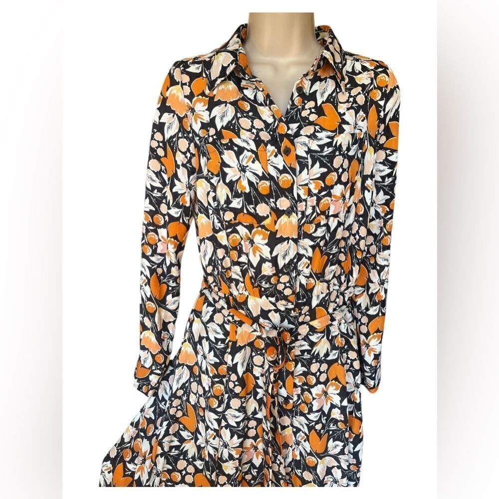 Who What Wear Black Orange Floral Long Sleeve Belted Midi Shirt Dress size XS